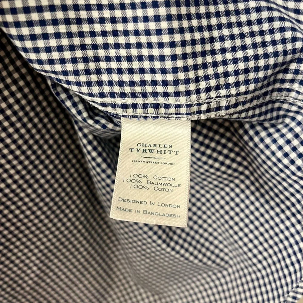 Charles Tyrwhitt Button Down Men's M Navy Blue Gingham Classic Fit Non-Iron